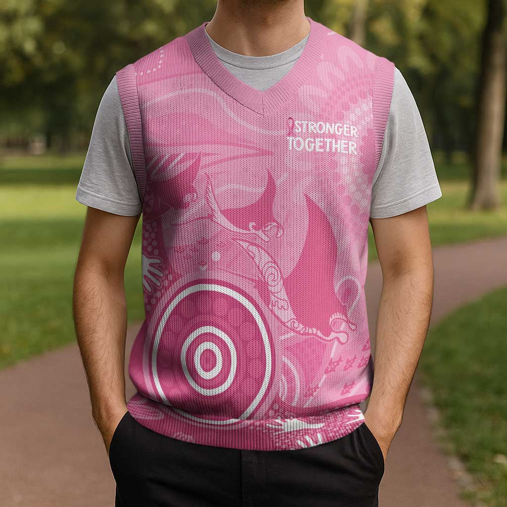 Australia Breast Cancer Awareness Christmas Knitted V-Neck Vest Pink Ribbon Manta Ray Aboriginal Art - Aussie Hoodie