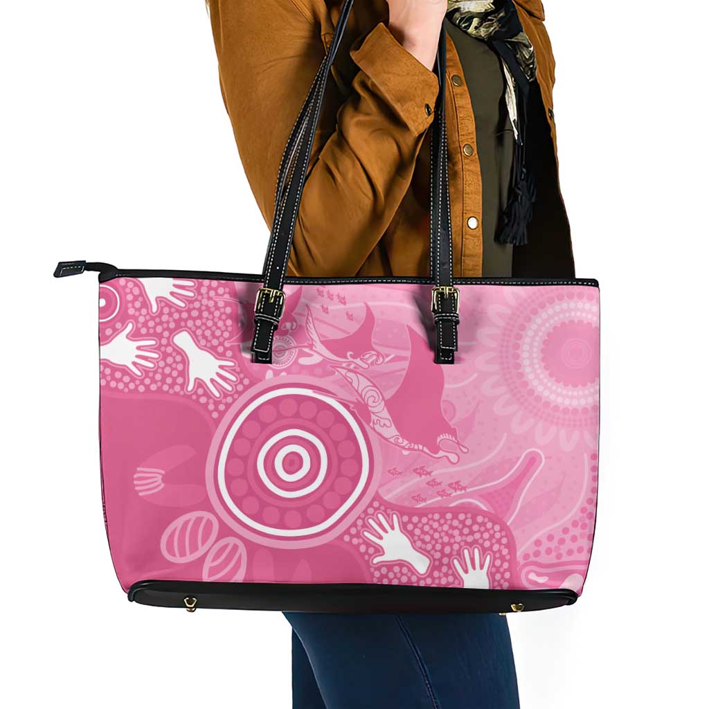 Australia Breast Cancer Awareness Leather Tote Bag Pink Ribbon Manta Ray Aboriginal Art - Aussie Hoodie