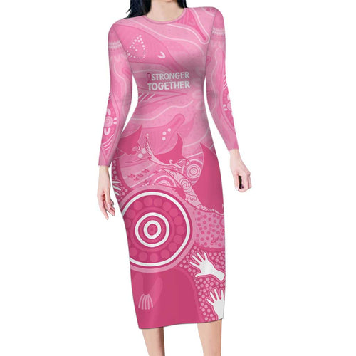 Australia Breast Cancer Awareness Long Sleeve Bodycon Dress Pink Ribbon Manta Ray Aboriginal Art - Aussie Hoodie