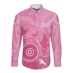 Australia Breast Cancer Awareness Long Sleeve Button Shirt Pink Ribbon Manta Ray Aboriginal Art - Aussie Hoodie