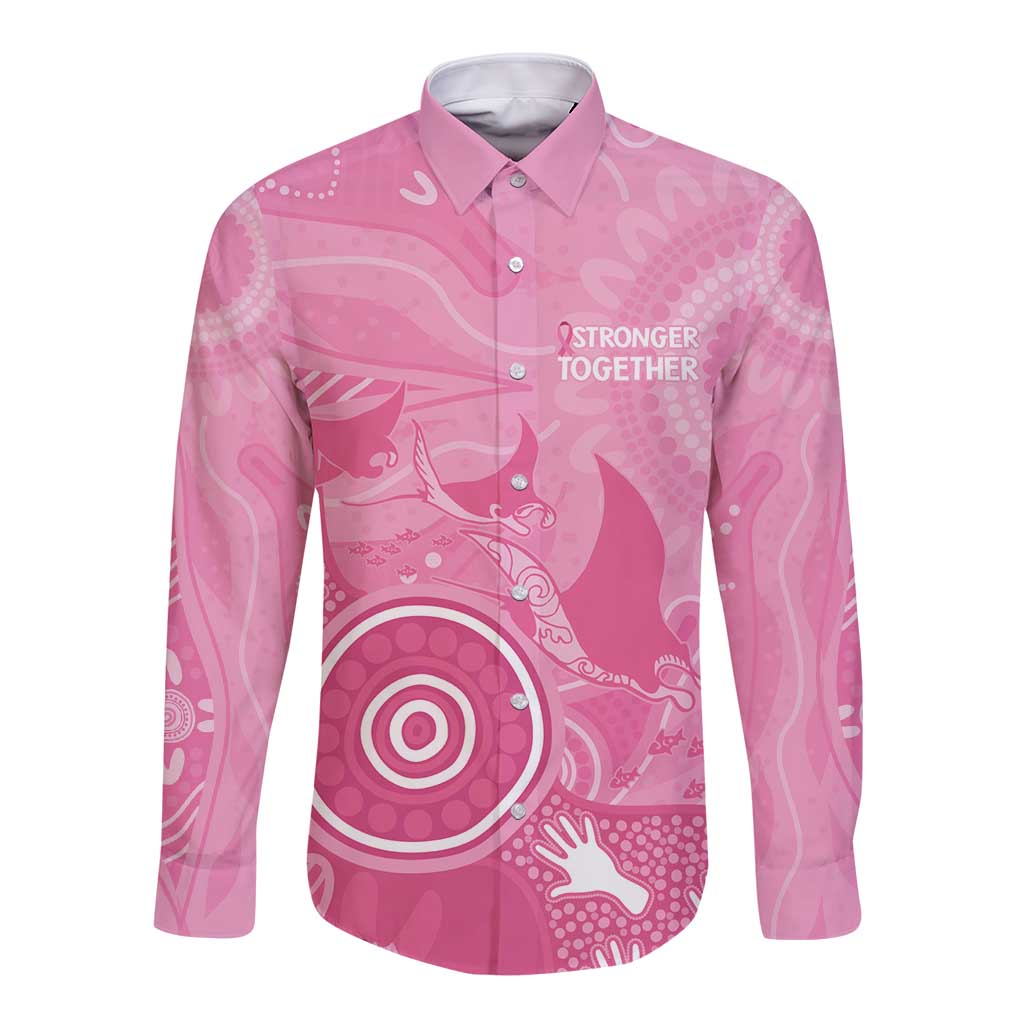 Australia Breast Cancer Awareness Long Sleeve Button Shirt Pink Ribbon Manta Ray Aboriginal Art - Aussie Hoodie