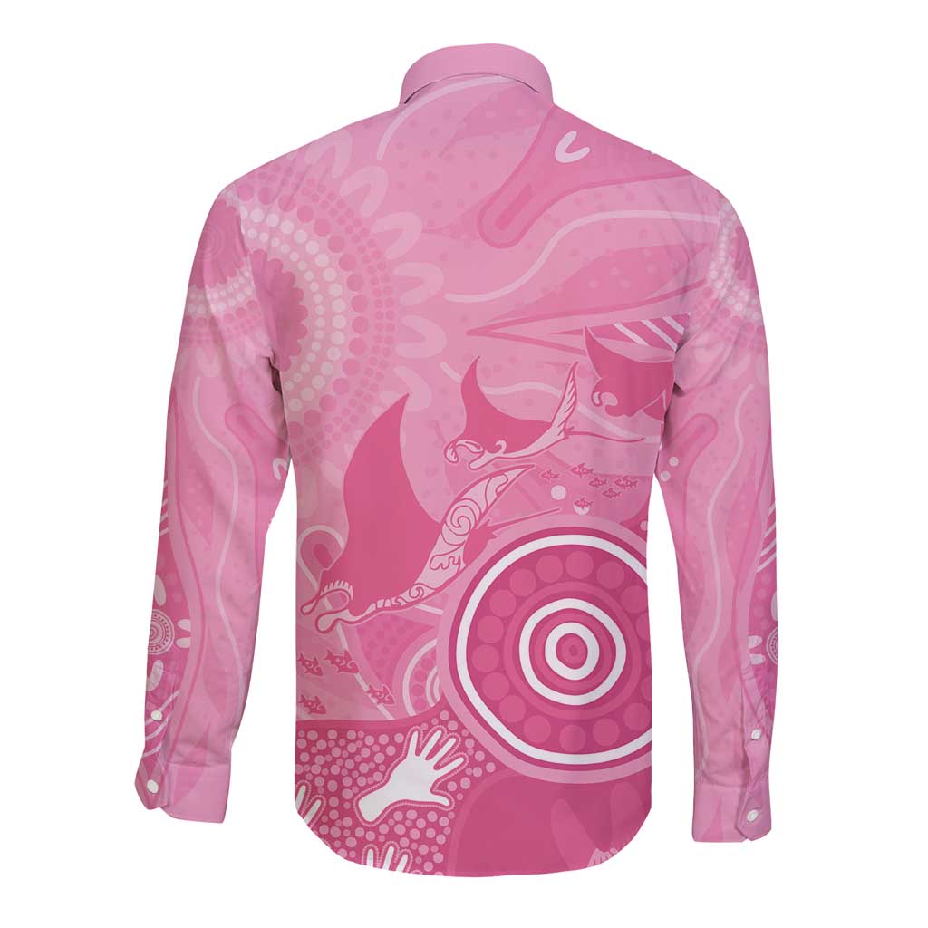 Australia Breast Cancer Awareness Long Sleeve Button Shirt Pink Ribbon Manta Ray Aboriginal Art - Aussie Hoodie