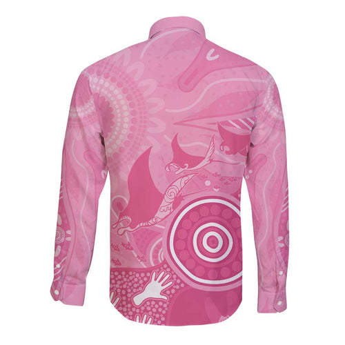 Australia Breast Cancer Awareness Long Sleeve Button Shirt Pink Ribbon Manta Ray Aboriginal Art - Aussie Hoodie