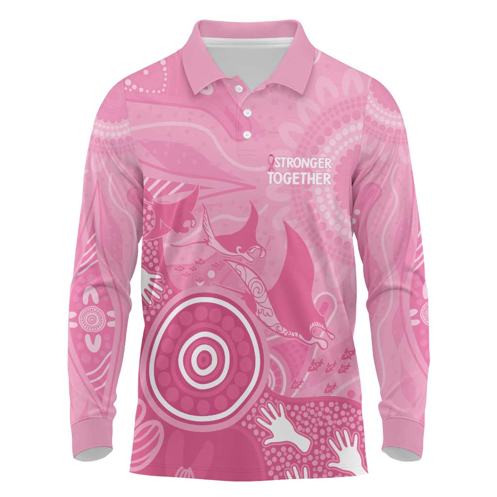 Australia Breast Cancer Awareness Long Sleeve Polo Shirt Pink Ribbon Manta Ray Aboriginal Art - Aussie Hoodie