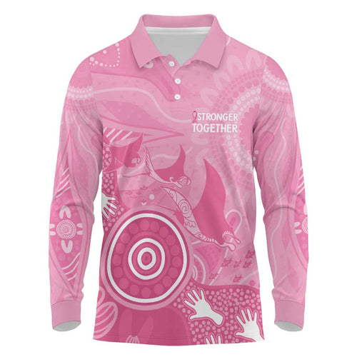 Australia Breast Cancer Awareness Long Sleeve Polo Shirt Pink Ribbon Manta Ray Aboriginal Art - Aussie Hoodie