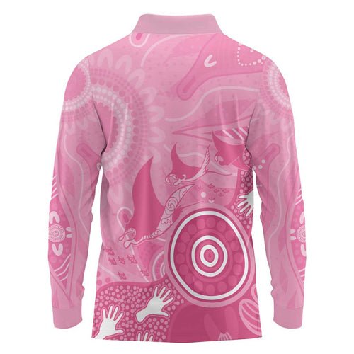 Australia Breast Cancer Awareness Long Sleeve Polo Shirt Pink Ribbon Manta Ray Aboriginal Art - Aussie Hoodie