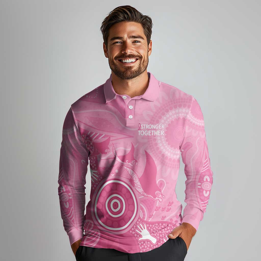 Australia Breast Cancer Awareness Long Sleeve Polo Shirt Pink Ribbon Manta Ray Aboriginal Art - Aussie Hoodie