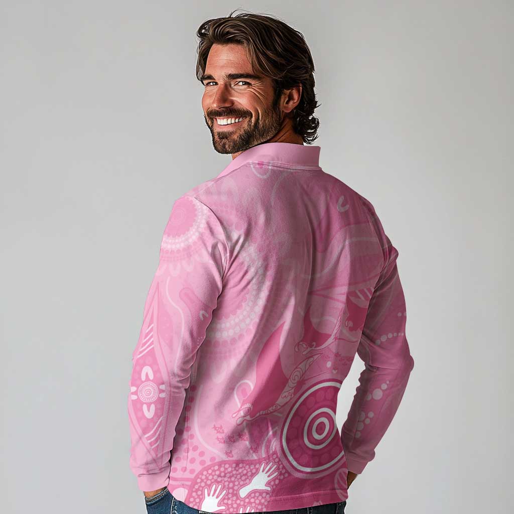 Australia Breast Cancer Awareness Long Sleeve Polo Shirt Pink Ribbon Manta Ray Aboriginal Art - Aussie Hoodie