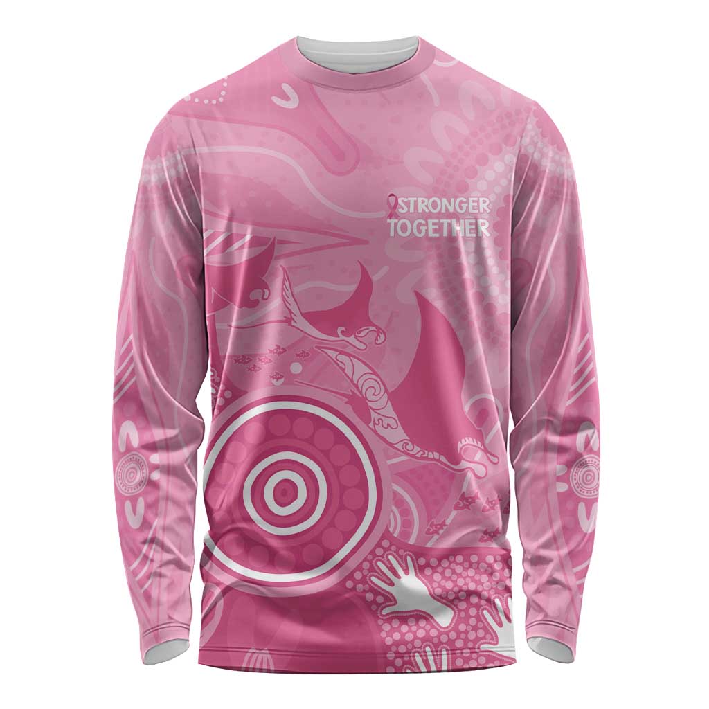 Australia Breast Cancer Awareness Long Sleeve Shirt Pink Ribbon Manta Ray Aboriginal Art - Aussie Hoodie
