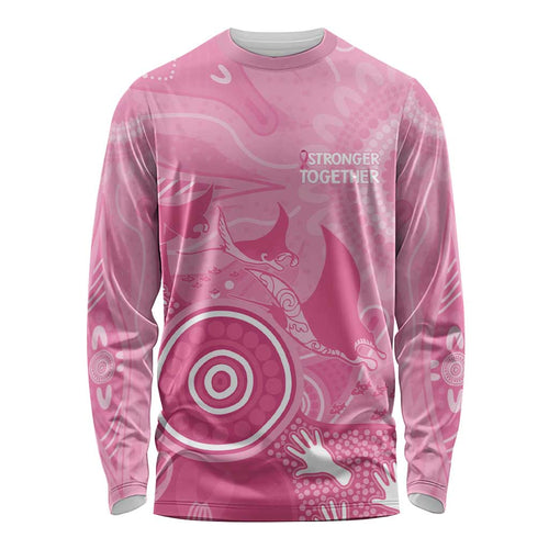 Australia Breast Cancer Awareness Long Sleeve Shirt Pink Ribbon Manta Ray Aboriginal Art - Aussie Hoodie