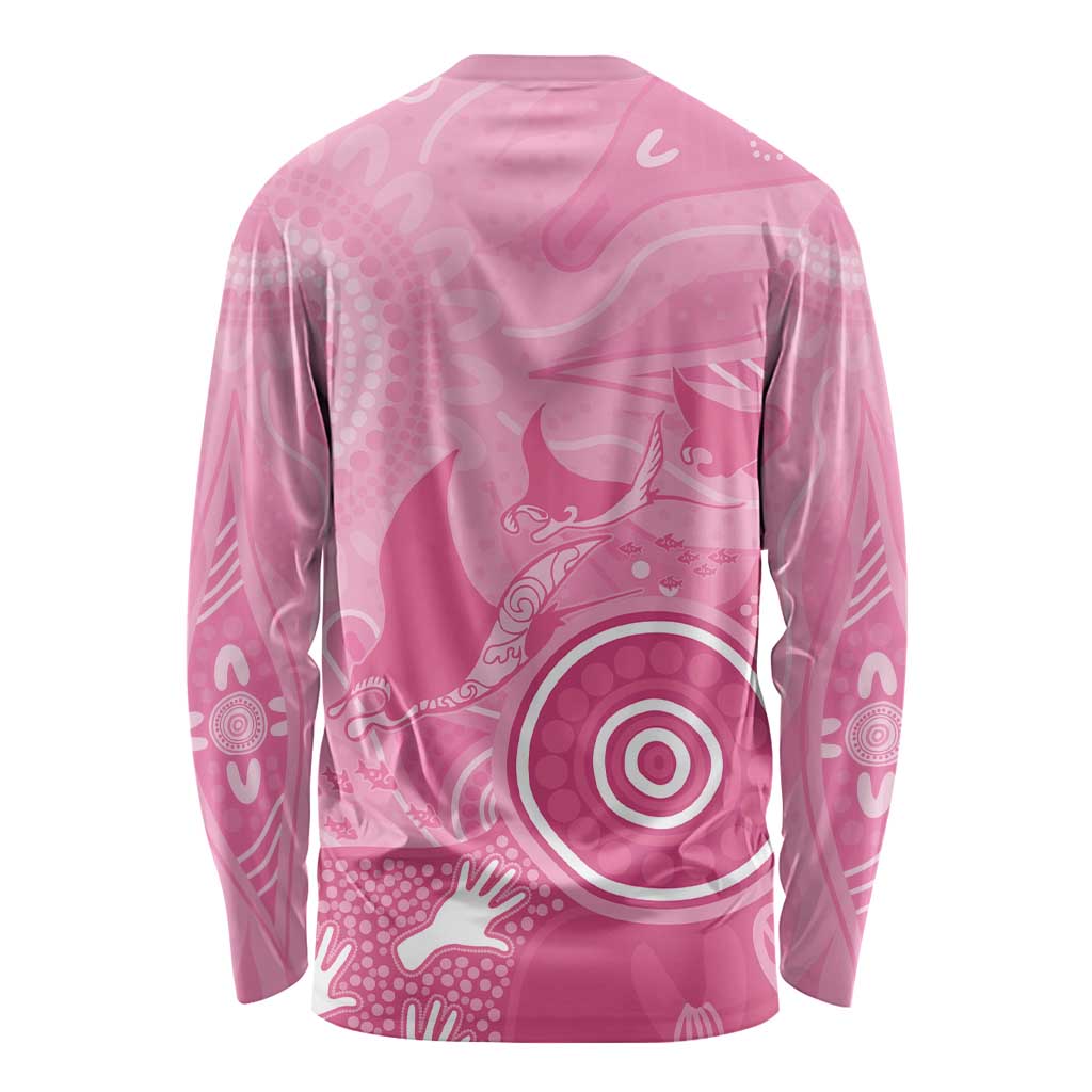 Australia Breast Cancer Awareness Long Sleeve Shirt Pink Ribbon Manta Ray Aboriginal Art - Aussie Hoodie