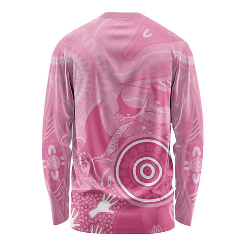 Australia Breast Cancer Awareness Long Sleeve Shirt Pink Ribbon Manta Ray Aboriginal Art - Aussie Hoodie
