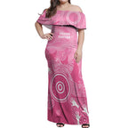 Australia Breast Cancer Awareness Off Shoulder Maxi Dress Pink Ribbon Manta Ray Aboriginal Art - Aussie Hoodie