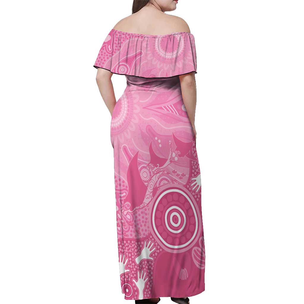 Australia Breast Cancer Awareness Off Shoulder Maxi Dress Pink Ribbon Manta Ray Aboriginal Art - Aussie Hoodie