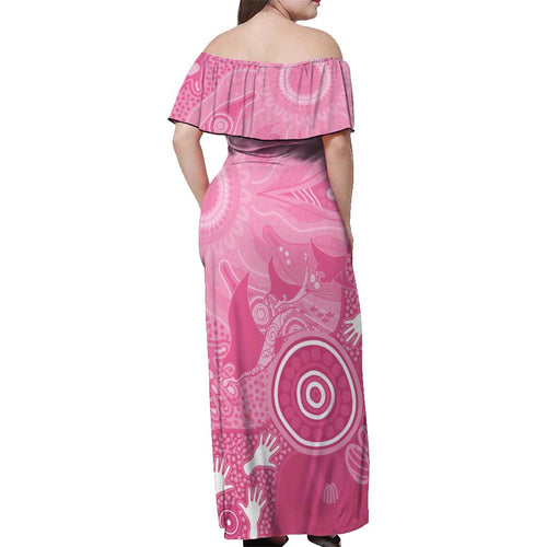 Australia Breast Cancer Awareness Off Shoulder Maxi Dress Pink Ribbon Manta Ray Aboriginal Art - Aussie Hoodie