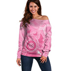 Australia Breast Cancer Awareness Off Shoulder Sweater Pink Ribbon Manta Ray Aboriginal Art - Aussie Hoodie