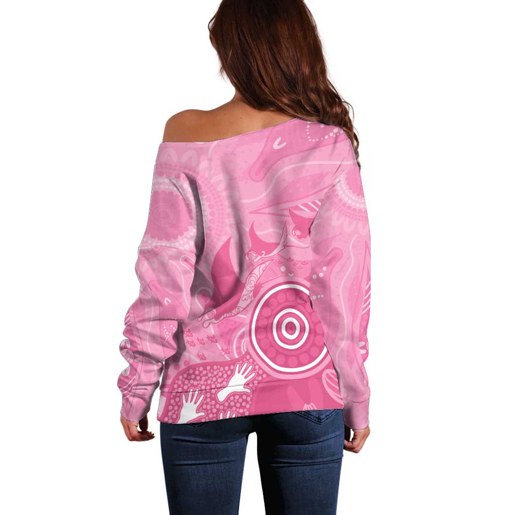 Australia Breast Cancer Awareness Off Shoulder Sweater Pink Ribbon Manta Ray Aboriginal Art - Aussie Hoodie