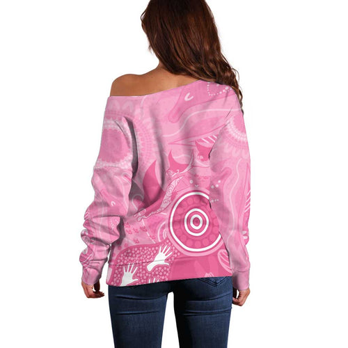 Australia Breast Cancer Awareness Off Shoulder Sweater Pink Ribbon Manta Ray Aboriginal Art - Aussie Hoodie