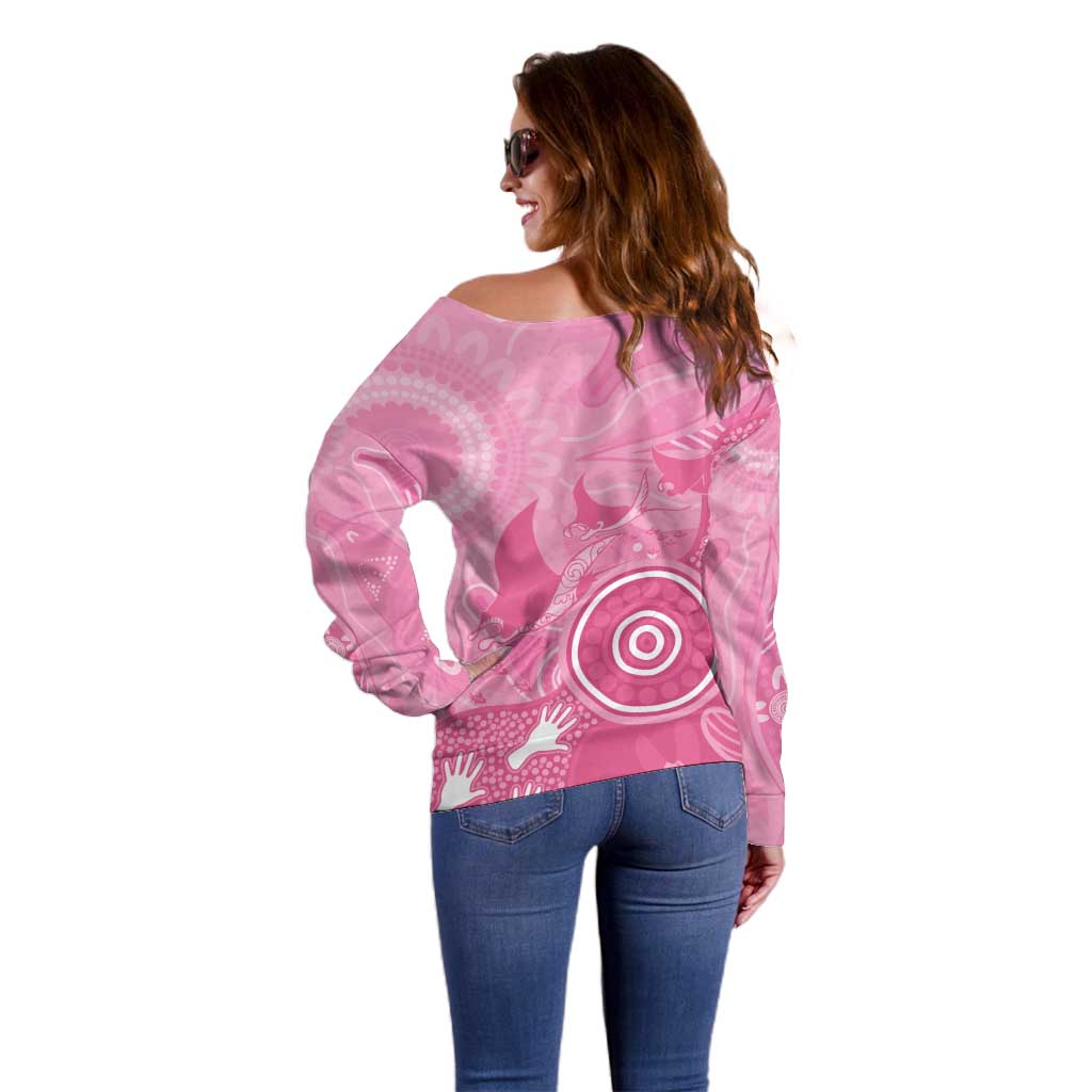 Australia Breast Cancer Awareness Off Shoulder Sweater Pink Ribbon Manta Ray Aboriginal Art - Aussie Hoodie