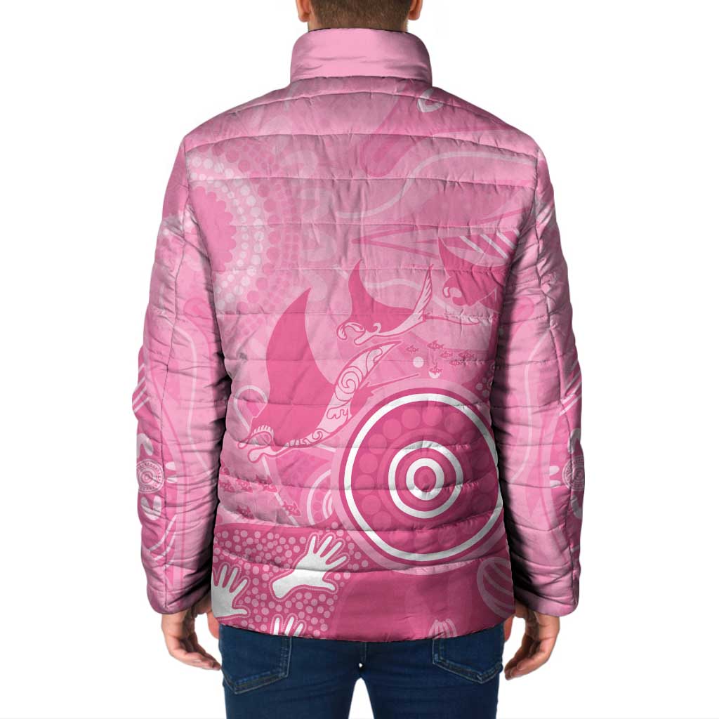 Australia Breast Cancer Awareness Padded Jacket Pink Ribbon Manta Ray Aboriginal Art - Aussie Hoodie
