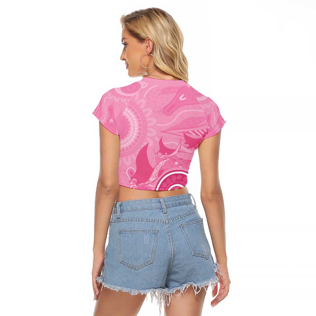 Australia Breast Cancer Awareness Raglan Cropped T Shirt Pink Ribbon Manta Ray Aboriginal Art - Aussie Hoodie
