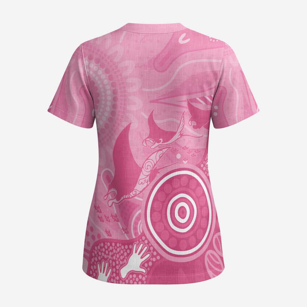 Australia Breast Cancer Awareness Scrub Top Pink Ribbon Manta Ray Aboriginal Art - Aussie Hoodie