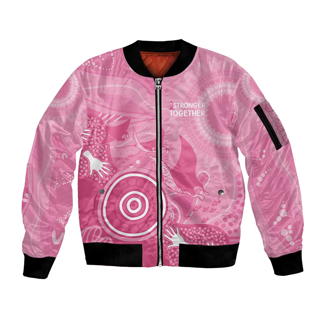 Australia Breast Cancer Awareness Sleeve Zip Bomber Jacket Pink Ribbon Manta Ray Aboriginal Art - Aussie Hoodie