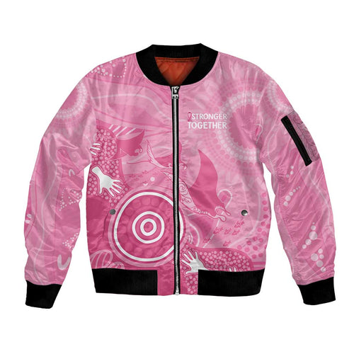 Australia Breast Cancer Awareness Sleeve Zip Bomber Jacket Pink Ribbon Manta Ray Aboriginal Art - Aussie Hoodie