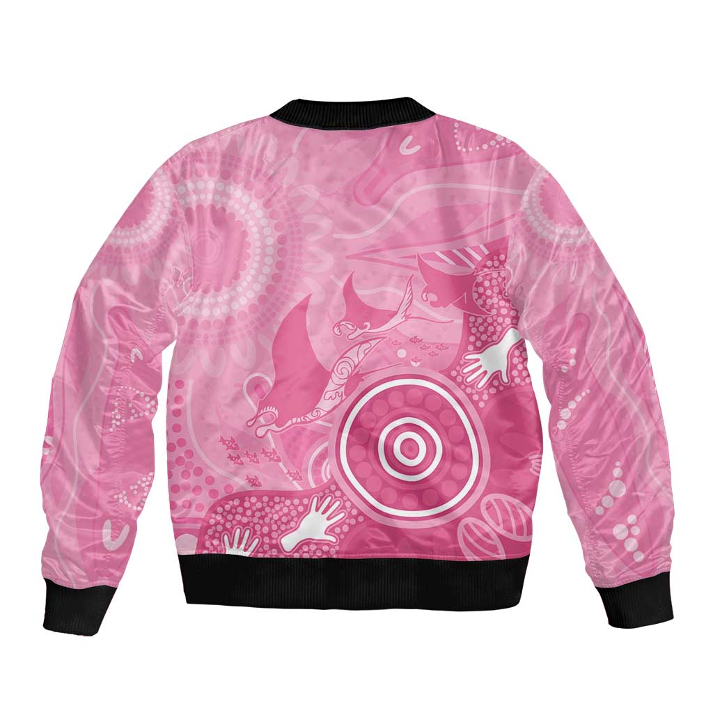 Australia Breast Cancer Awareness Sleeve Zip Bomber Jacket Pink Ribbon Manta Ray Aboriginal Art - Aussie Hoodie
