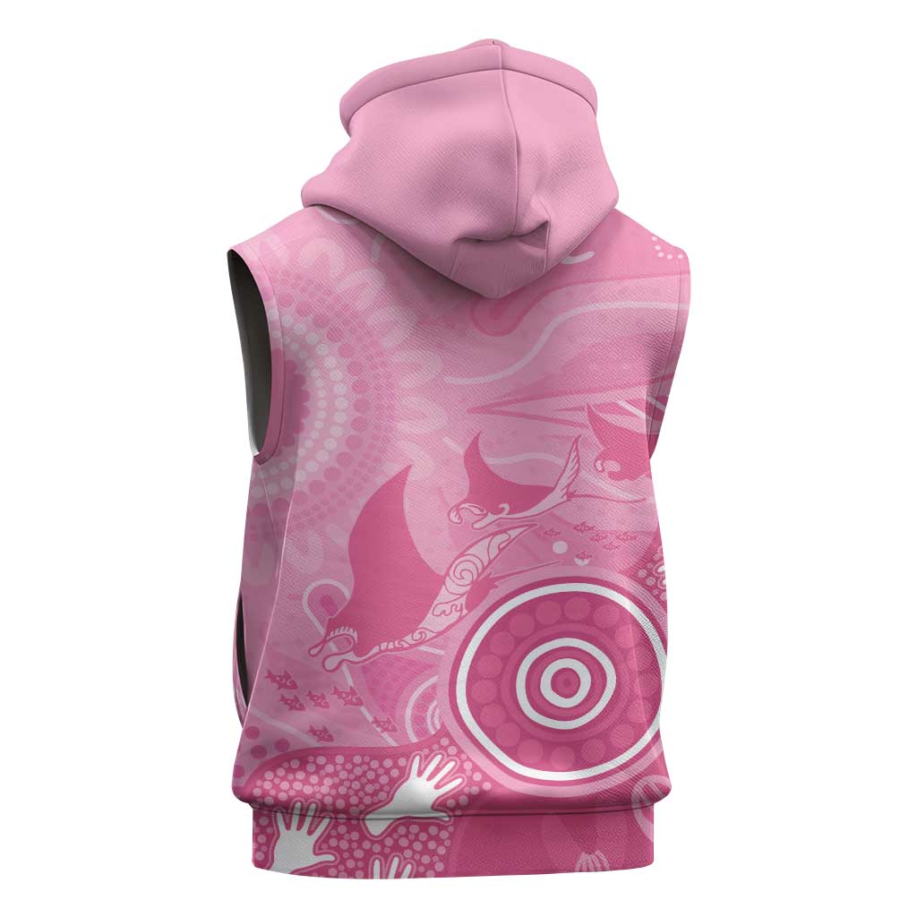 Australia Breast Cancer Awareness Sleeveless Hoodie Pink Ribbon Manta Ray Aboriginal Art - Aussie Hoodie