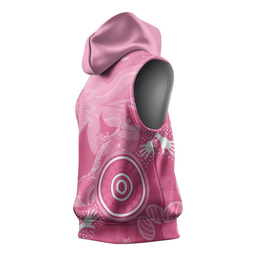 Australia Breast Cancer Awareness Sleeveless Hoodie Pink Ribbon Manta Ray Aboriginal Art - Aussie Hoodie