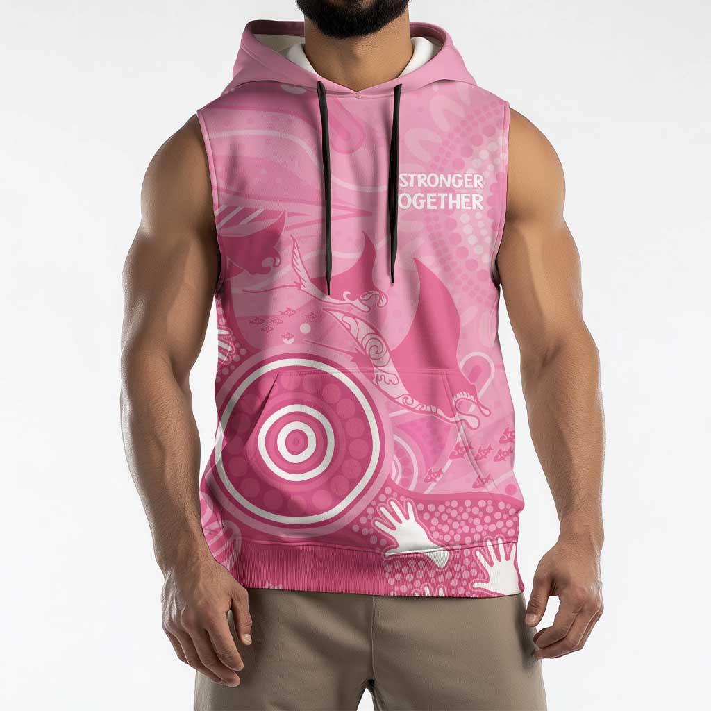 Australia Breast Cancer Awareness Sleeveless Hoodie Pink Ribbon Manta Ray Aboriginal Art - Aussie Hoodie