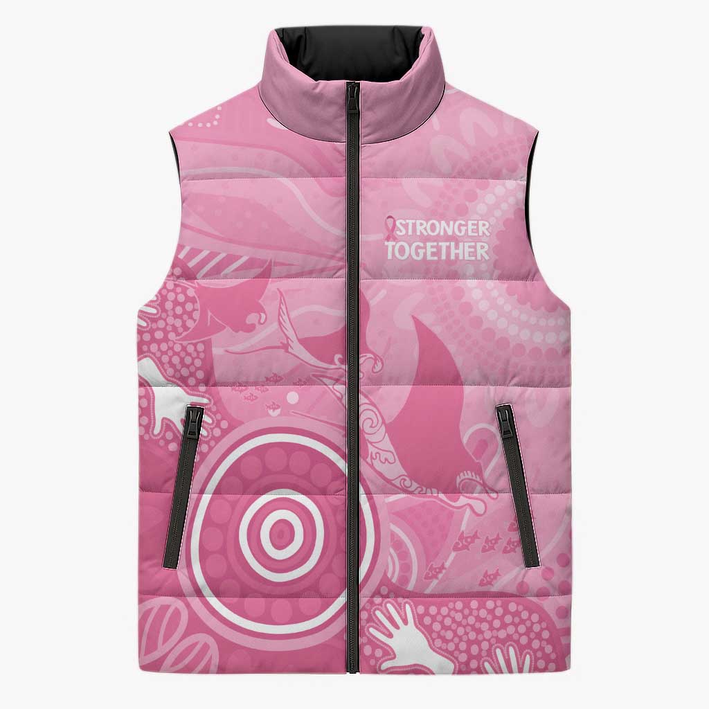 Australia Breast Cancer Awareness Sleeveless Puffer Jacket Pink Ribbon Manta Ray Aboriginal Art - Aussie Hoodie
