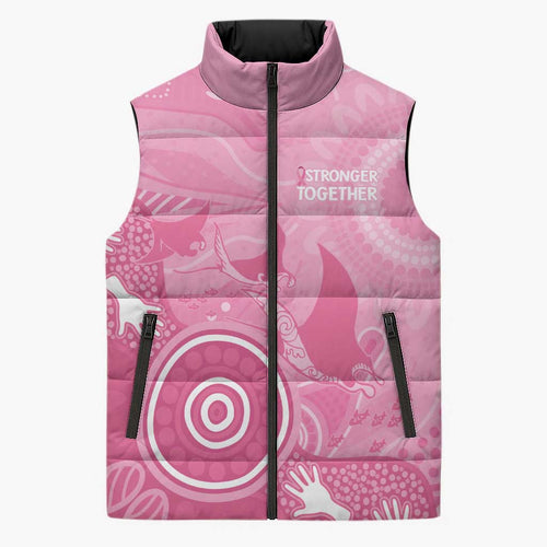 Australia Breast Cancer Awareness Sleeveless Puffer Jacket Pink Ribbon Manta Ray Aboriginal Art - Aussie Hoodie