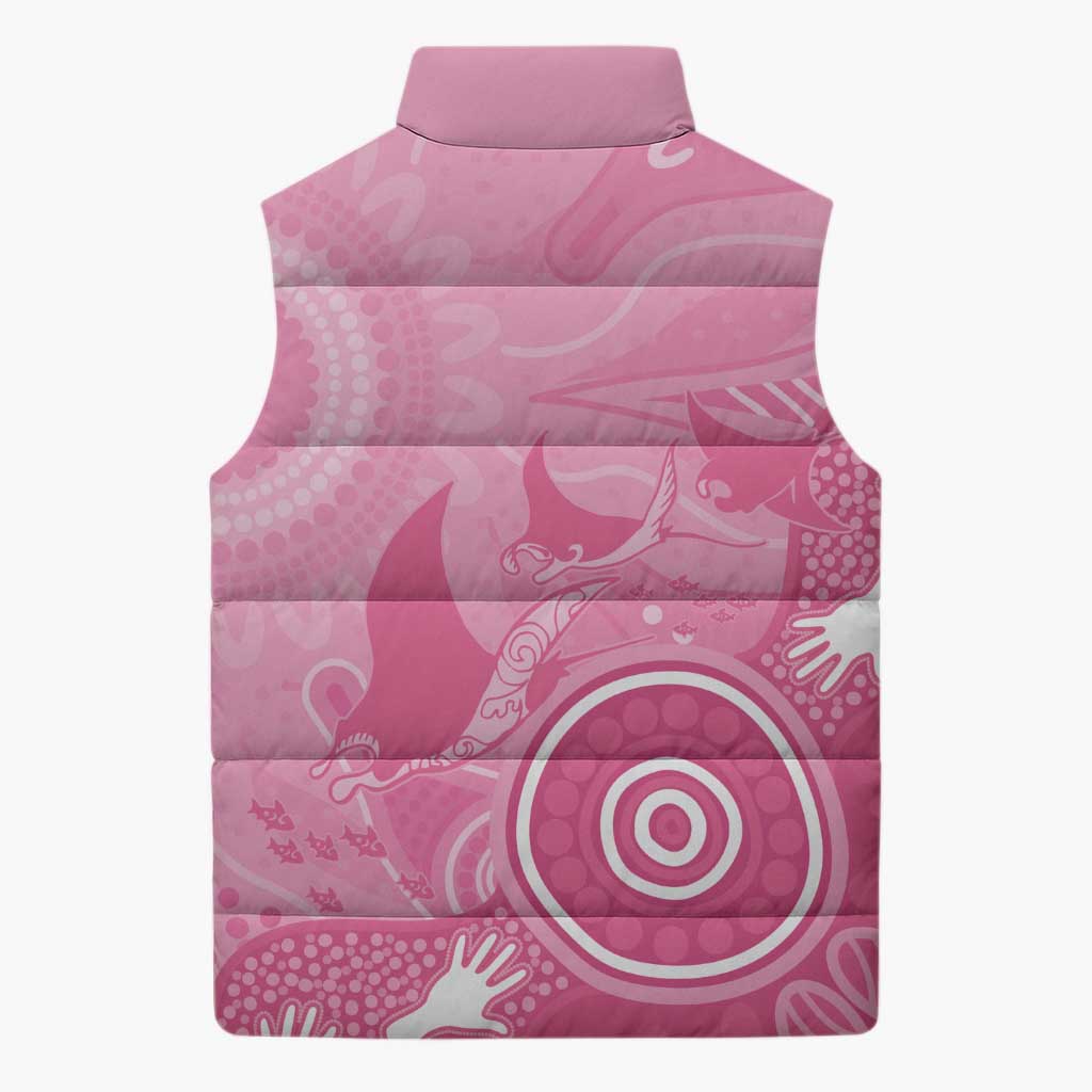 Australia Breast Cancer Awareness Sleeveless Puffer Jacket Pink Ribbon Manta Ray Aboriginal Art - Aussie Hoodie
