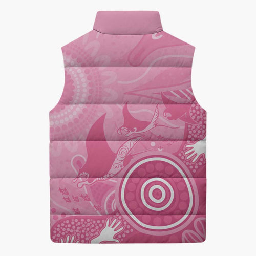 Australia Breast Cancer Awareness Sleeveless Puffer Jacket Pink Ribbon Manta Ray Aboriginal Art - Aussie Hoodie
