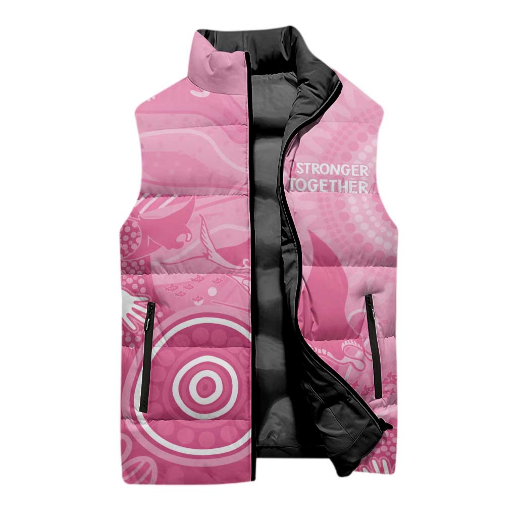 Australia Breast Cancer Awareness Sleeveless Puffer Jacket Pink Ribbon Manta Ray Aboriginal Art - Aussie Hoodie