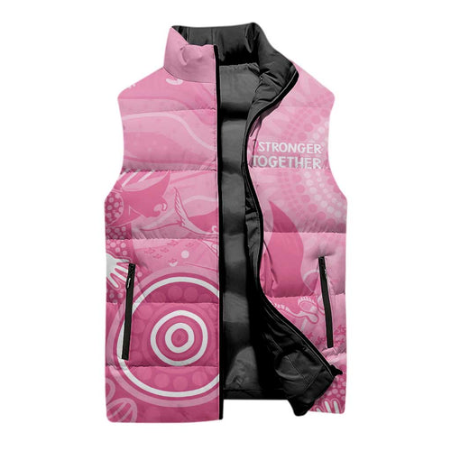 Australia Breast Cancer Awareness Sleeveless Puffer Jacket Pink Ribbon Manta Ray Aboriginal Art - Aussie Hoodie