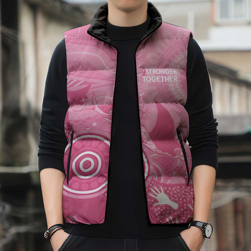 Australia Breast Cancer Awareness Sleeveless Puffer Jacket Pink Ribbon Manta Ray Aboriginal Art - Aussie Hoodie