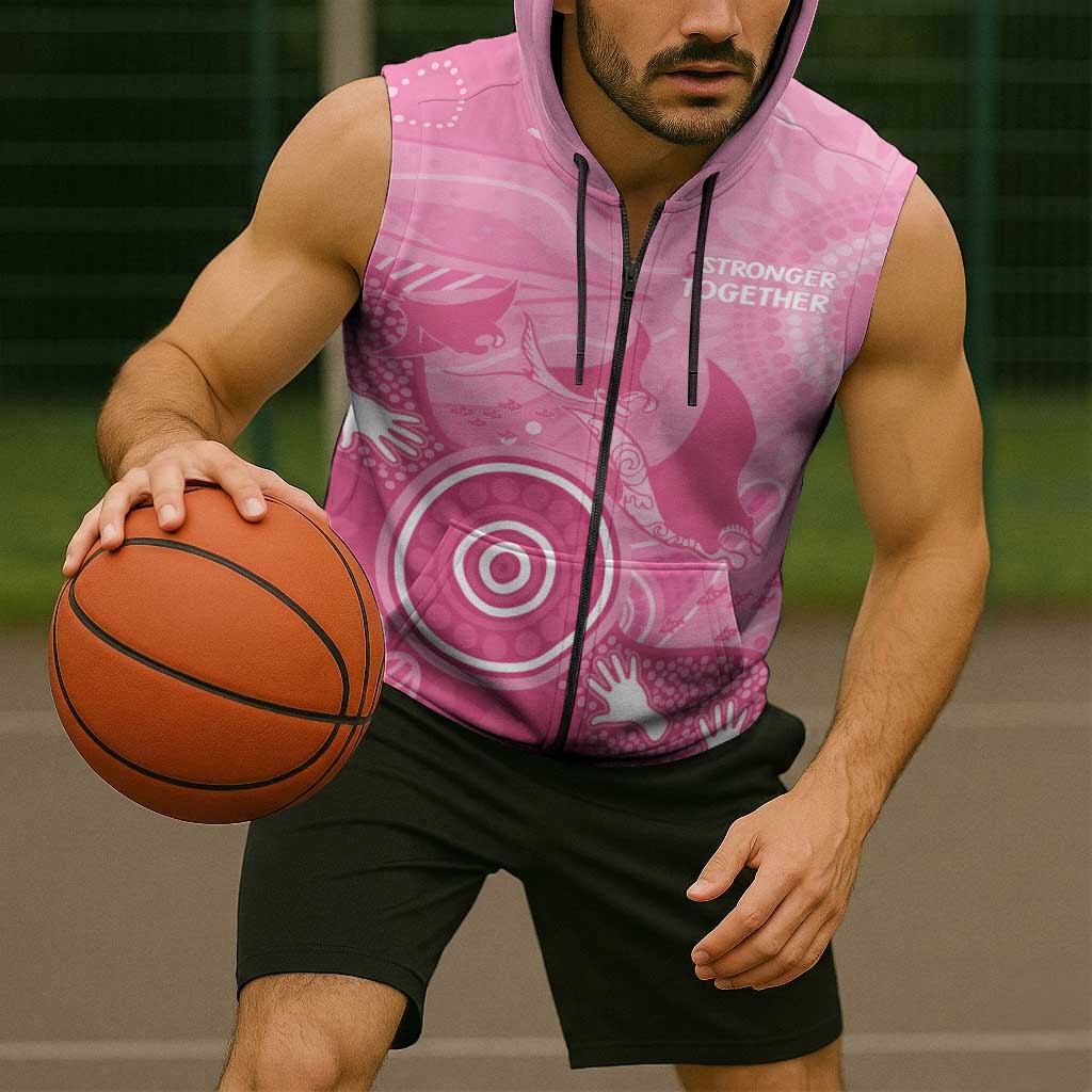 Australia Breast Cancer Awareness Sleeveless Zip Hoodie Pink Ribbon Manta Ray Aboriginal Art LT14