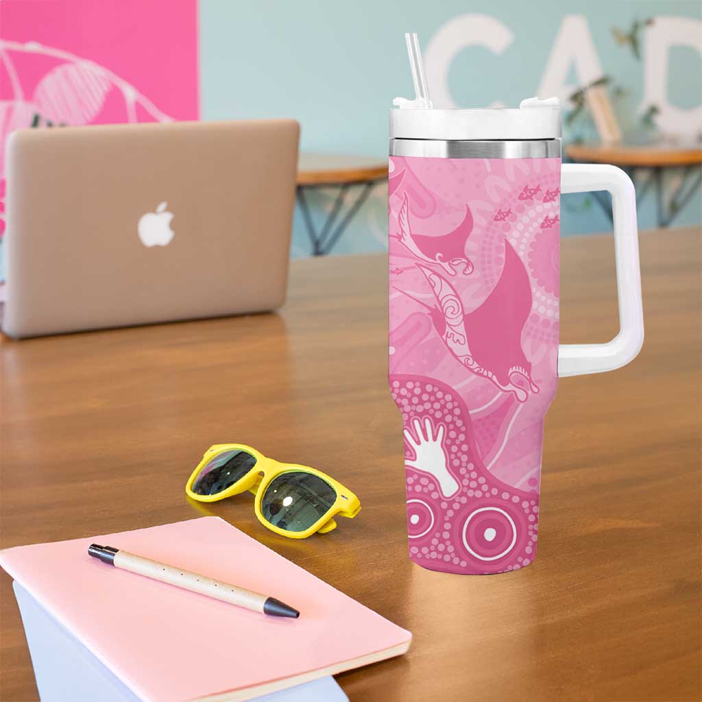 Australia Breast Cancer Awareness Tumbler With Handle Pink Ribbon Manta Ray Aboriginal Art - Aussie Hoodie
