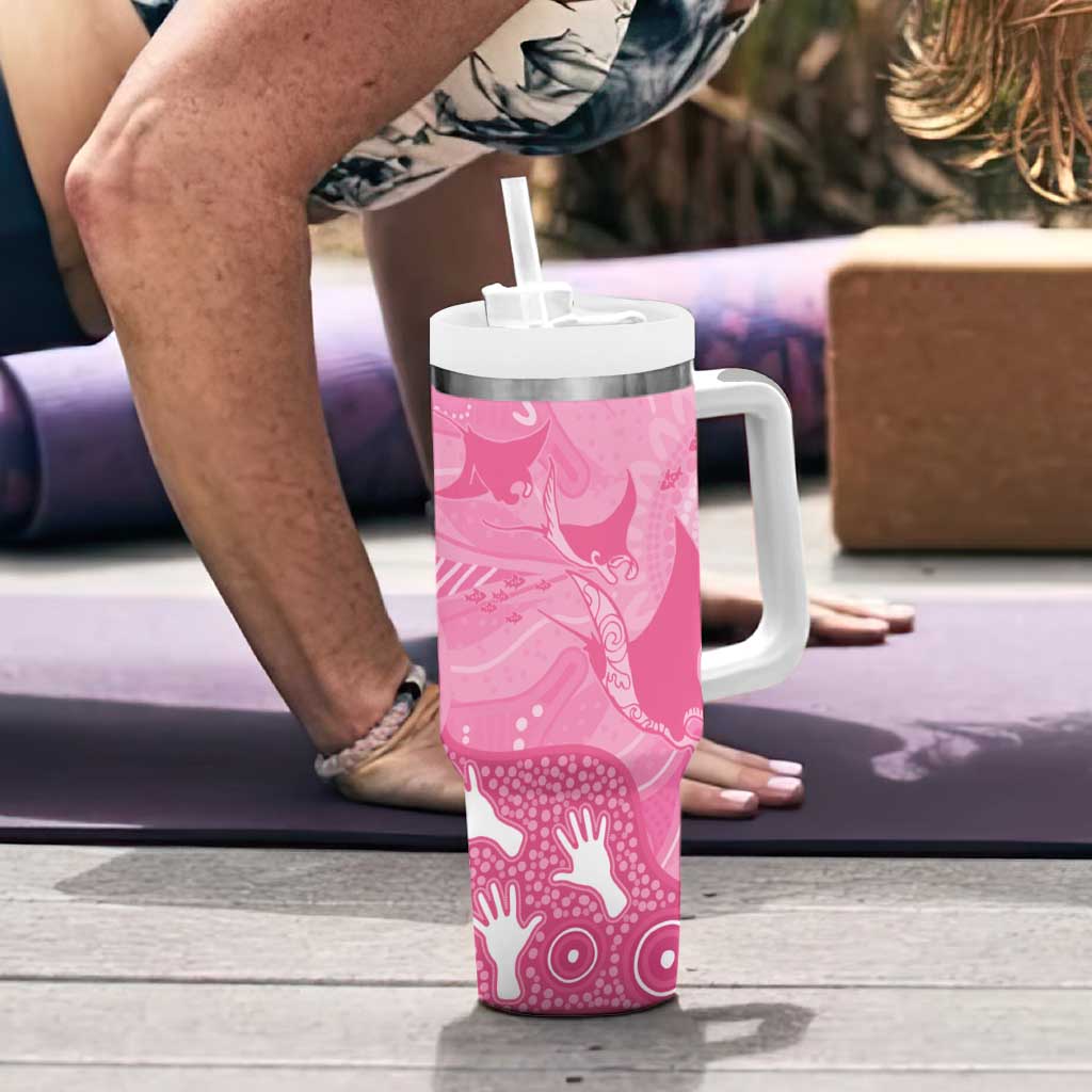 Australia Breast Cancer Awareness Tumbler With Handle Pink Ribbon Manta Ray Aboriginal Art - Aussie Hoodie