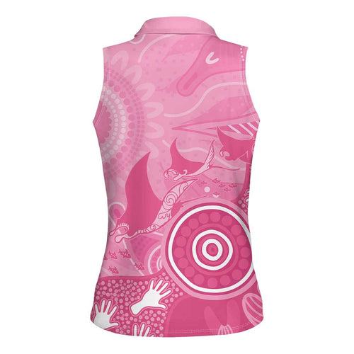Australia Breast Cancer Awareness Women Sleeveless Polo Shirt Pink Ribbon Manta Ray Aboriginal Art - Aussie Hoodie