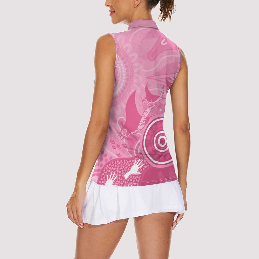 Australia Breast Cancer Awareness Women Sleeveless Polo Shirt Pink Ribbon Manta Ray Aboriginal Art - Aussie Hoodie
