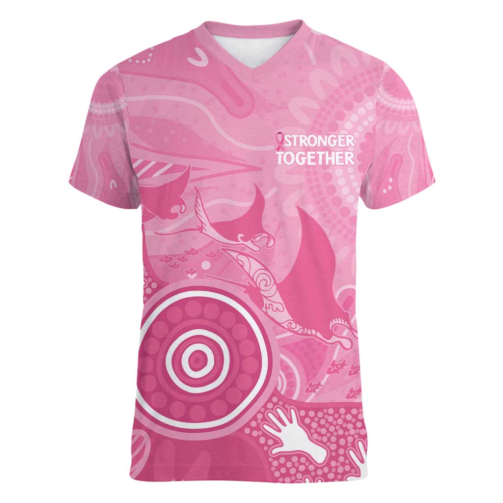 Australia Breast Cancer Awareness Women V-Neck T-Shirt Pink Ribbon Manta Ray Aboriginal Art - Aussie Hoodie