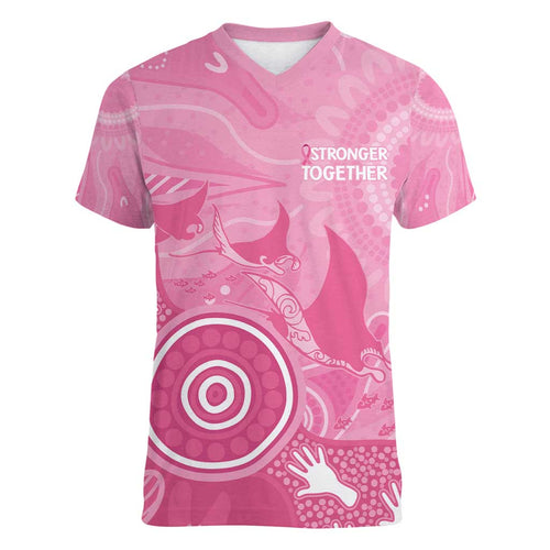 Australia Breast Cancer Awareness Women V-Neck T-Shirt Pink Ribbon Manta Ray Aboriginal Art - Aussie Hoodie