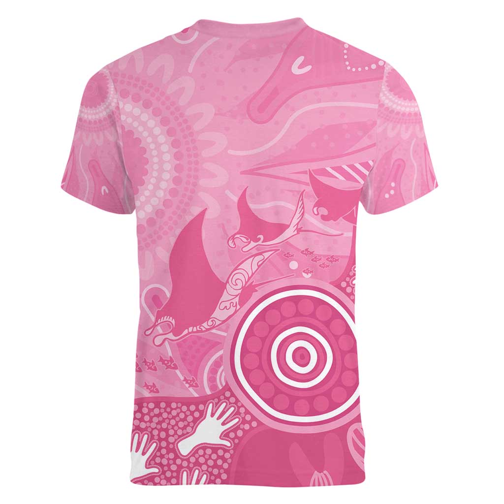 Australia Breast Cancer Awareness Women V-Neck T-Shirt Pink Ribbon Manta Ray Aboriginal Art - Aussie Hoodie