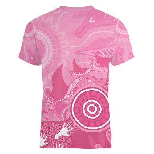 Australia Breast Cancer Awareness Women V-Neck T-Shirt Pink Ribbon Manta Ray Aboriginal Art - Aussie Hoodie