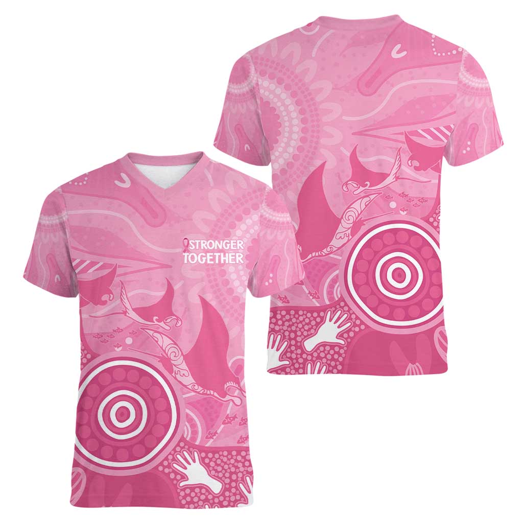 Australia Breast Cancer Awareness Women V-Neck T-Shirt Pink Ribbon Manta Ray Aboriginal Art - Aussie Hoodie