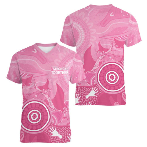 Australia Breast Cancer Awareness Women V-Neck T-Shirt Pink Ribbon Manta Ray Aboriginal Art - Aussie Hoodie